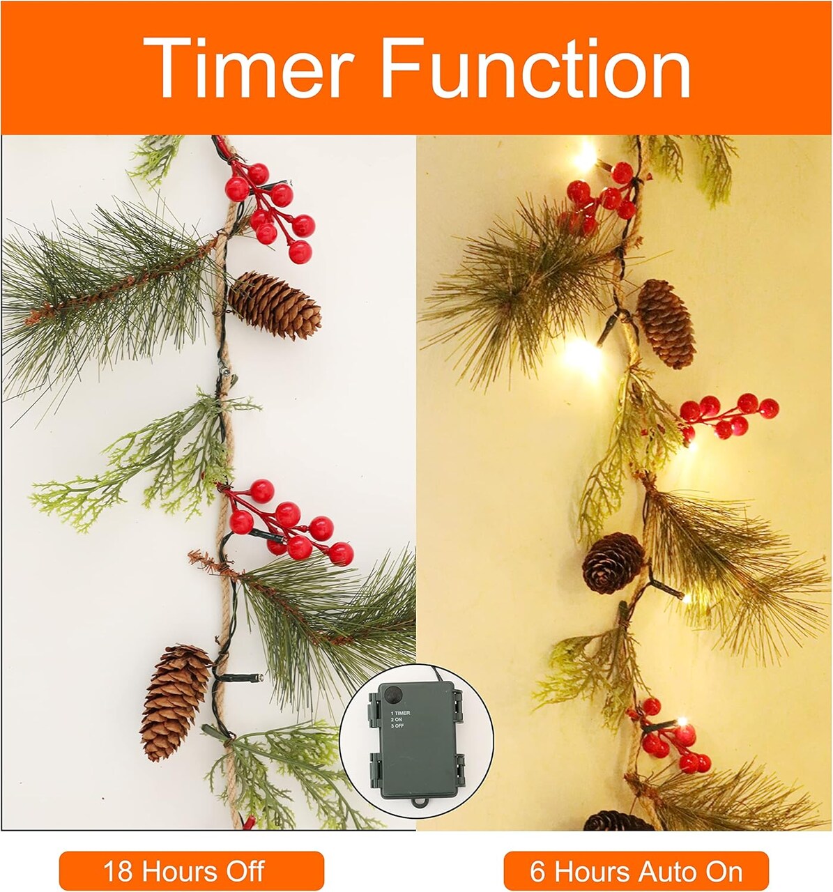 6FT Christmas Garland with Timer, Lighted Xmas Garland